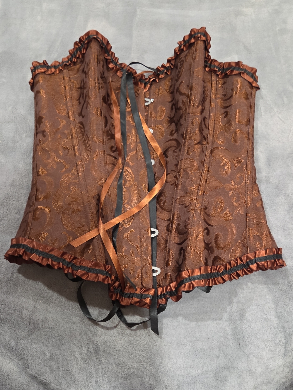 Brown Brocade Corset Top with Ruffle Trim